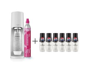 SODASTREAM Machine à soda et eau pétillante TERRA Blanche 1 bouteille & 1 recharge de gaz 60 L + Lot de 6 Pepsi Zéro sucres 440 ml