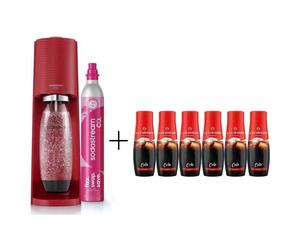 SODASTREAM Machine à soda et eau pétillante TERRA Rouge 1 bouteille & 1 recharge de gaz 60 L + Lot de 6 concentrés Cola 440ml