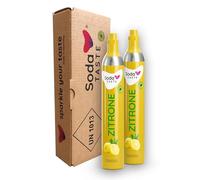 SodaTASTE Lot de 2 cylindres de CO2 (recharge) pour machine à gazéifier avec arôme naturel de citron, sans sirop, sans sucre (attention : 2 cylindres vides requis)