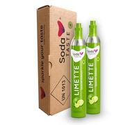 SodaTASTE Lot de 2 cylindres de CO2 (recharge) pour machine à gazéifier avec arôme naturel de citron vert, sans sirop, sans sucre (attention : 2 cylindres vides requis)