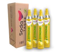 SodaTASTE Lot de 4 cylindres de CO2 (recharge) pour machine à gazéifier avec arôme naturel de citron, sans sirop, sans sucre (attention : 4 cylindres vides requis)