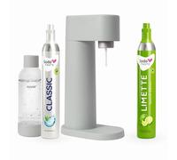 SodaTASTE Mysoda Woody Machine à gazéifier en bois composite renouvelable avec bouteille en plastique sans BPA, cylindre de CO2 Classic + cylindre de CO2 citron vert (gris)