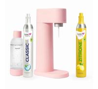 SodaTASTE Mysoda Woody Machine à gazéifier en bois composite renouvelable avec bouteille en plastique sans BPA de 1 l, cylindre de CO2 Classic + cylindre de CO2 citron (rose)