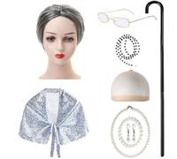sodeber Accessoire de cosplay pour grand-mère avec châle, lunettes, collier, boucles d'oreilles, costume de vieille dame malade