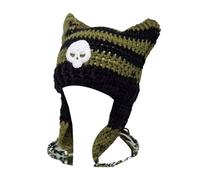 sodeber Bonnet Tricoté pour Femmes, Oreilles De Chat, Crochet Fait À La Main, Mode Y2k Crâne, Couvre-Chef Chaud d'hiver