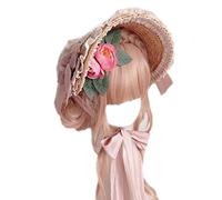 sodeber Chapeau plat pastoral en dentelle avec fleurs et ruban de paille - Idéal pour les vacances à la plage, Farine et poudre rétro PK, M