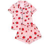 SOECOG Pyjama Citron pour Femme, Ensemble Pyjama Fruits pour Femme, Haut à Manches Courtes avec col roulé et Boutons, Short Ample (FR/ES, Alpha/Lettres, TG, Taille Normale, Taille Normale, Fraise)