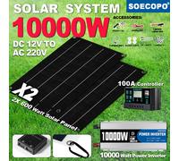 SOECOPO 10000W Kit de système solaire 2 × 600W panneaux solaires DC 12V à AC 110V/220V onduleur USB 5V et 100A contrôleur maison et Camping Only Inverter 110V