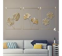 Soekodu Ensemble de Décorations Murales Dorées 3 pièces, Feuille Métal Décorative Moderne Minimaliste Ligne Abstraite Art Mural Ginkgo, Sculptures pour Salon Chambre Bureau Mur, 30x40cm