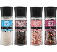 Soeos Grains de poivre noir + sel de mer blanc + grains de poivre arc-en-ciel + sel rose, 277,82 g au total, ensemble moulin avec épices incluses, cadeaux gourmets, ensemble sel et poivre, ensemble