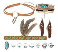SOETDERT 12Pcs Boho Indien Vintage Accessoires de Carnaval, Boho Collier Choker, Bandeau en Plumes Indiennes, Bracelet Perles Turquoise Ring Bijoux Bohémiens pour Femme Accessoires Hippie Tribal