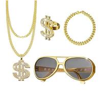SOETDERT Chaine Or Homme de Dollar, 4 Pièces Kit de Hip Hop Chaîne Bague Bracelet, Or collier homme Rappeur Punk, 80s 90s Accessoires Déguisement pour Carnaval Concerts Party Carnaval Fête