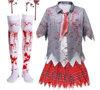 SOETDERT Costume écolière Zombie, Deguisement Halloween Femme Zombie, Déguisement Halloween Fille avec Attached Shirt, Tie and Skirt, Costume d'écolière Zombie Horreur Enfant Adulte Carnaval