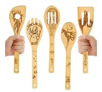 SoeUyd 5 Pièces Cuillère de Cuisine en Bois avec Motif Cauchemar, Ensemble de Cuisinière en Bambou bio Antiadhésif, Ensemble d'ustensiles de Cuisine Cadeau Noël