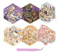 SoeUyd 6 Pièces Cozy Stickers, DIY 3D Autocollant Scène, DIY Amusants House Stickers, Créer Votre Cafe, Boutique, Restaurant etc, Adorables DIY Autocollants de Scène avec 1 Pincette