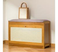 SOFACHEN Meuble À Chaussures en Bois, avec Assise, Banc De Rangement avec Tiroir Rabattable, Banc À Chaussures Rembourré, pour Couloir, Salon, Peut Contenir 220 Livres(Wood Color,27.5in(70cm))