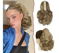 Sofeiyan Extension de Queue de Cheval Pince à Griffes Extensions de Cheveux Queue de Cheval Ondulée Queue de Cheval Extension Synthétique Postiche pour Femmes, 28cm Blond clair Mélangé Blond platine