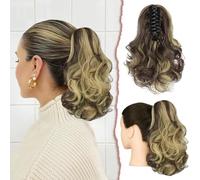 Sofeiyan Extension de Queue de Cheval Pince à Griffes Extensions de Cheveux Queue de Cheval Ondulée Queue de Cheval Extension Synthétique Postiche pour Femmes, 28cm Blond & Brun Moyen