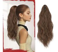 Sofeiyan Extensions de cheveux synthétiques bouclés et ondulés à clipser pour queue de cheval - 40,6 cm - Aspect naturel - Queue de cheval - Pour femme - Brun moyen et auburn clair