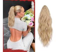 Sofeiyan Extensions de cheveux synthétiques bouclés ondulés à clipser pour queue de cheval - 40,6 cm - Aspect naturel - Blond cendré