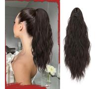Sofeiyan Extensions de cheveux synthétiques bouclés ondulés à clipser pour queue de cheval - 40,6 cm - Aspect naturel - Pour femme - Brun foncé