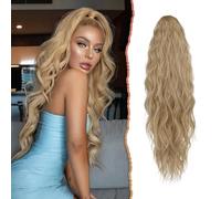 Sofeiyan Postiche Queue de Cheval Extension Cheveux Naturel avec Cordon,66cm Longue Ondulée Ponytail de Cheveux de Queue Synthétiques Postiches de Cheval pour Femmes,Blond Foncé & Blond Décoloré