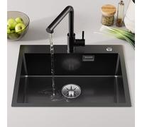 Sofetiy Evier Cuisine 1 Bac 60×48cm, Evier Noir, Evier Inox 1 Bac Rectangulaire, Evier Inox Moderne, Évier de Cuisine, Cuve Simple avec Trop-Plein et Vidange Rapide, Kitchen Sink