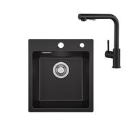 Sofetiy Evier Cuisine En Granit Noir et Robinet Cuisine Douchette, Evier 1 Bac 40x45cm, Évier De Cuisine Avec Siphon, Évier Rectangulaire Avec 2 Trous Pour Robinet, Facile À Nettoyer