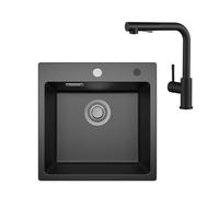 Sofetiy Evier Cuisine En Granit Noir et Robinet Cuisine Douchette, Evier 1 Bac 45x45cm, Évier De Cuisine Avec Siphon, Évier Rectangulaire Avec 2 Trous Pour Robinet, Facile À Nettoyer