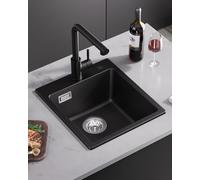 Sofetiy Evier Cuisine En Granit Noir, Evier 1 Bac 40x45cm, Évier De Cuisine Avec Siphon, Évier Rectangulaire Avec 2 Trous Pour Robinet, Facile À Nettoyer