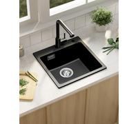 Sofetiy Evier Cuisine En Granit Noir, Evier 1 Bac 45x45cm, Évier De Cuisine Avec Siphon, Évier Rectangulaire Avec 2 Trous Pour Robinet, Facile À Nettoyer