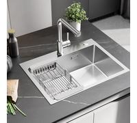 Sofetiy Évier de cuisine, 60 × 45 cm, moderne, rectangulaire, encastrable, en acier inoxydable SUS 304, pour meuble bas à partir de 60 cm, avec 2 trous de robinet, avec siphon