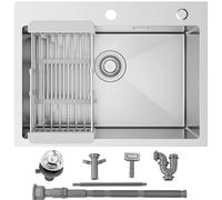 Sofetiy Évier de cuisine, 60 × 45 cm, moderne, rectangulaire, encastrable, en acier inoxydable SUS 304, pour meuble bas à partir de 60 cm, avec 2 trous de robinet, avec siphon