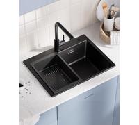 Sofetiy Évier de cuisine en granit noir 60 x 45 cm, grand évier de cuisine, moderne, rectangulaire, encastrable simple, avec 2 trous pour robinet, 1 bac