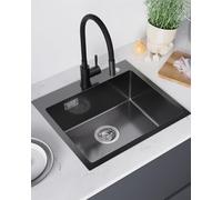 Sofetiy Évier de cuisine, noir, 50 x 45 cm, noir, anthracite, en acier inoxydable, moderne, encastrable, rectangulaire, pour cuisine à partir de 50 cm, avec trou pour robinet, siphon