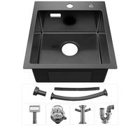 Sofetiy Évier de cuisine, noir, anthracite, 40 x 45 cm, rectangulaire, en acier inoxydable, pour armoires inférieures à partir de 40 cm de large, petit évier de cuisine, avec siphon, 1 bac