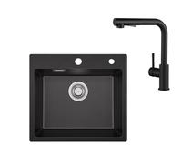 Sofetiy Évier en granit noir 50x45 cm avec robinet de cuisine extractible, ensemble de bassin de cuisine, évier encastré avec garniture de vidange, robinet mitigeur de lavabo noir avec douchette