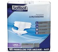 Soffisof Classic Couches Adultes Maxi L - 60x Couche Adulte Incontinence - 4 Paquets de 15 Pièces Change Complet Adulte - Absorption 9 Gouttes - Taille L (110-150 cm)