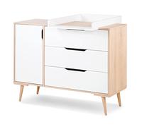 SOFIE Commode à langer scandinave 3 tiroirs, porte et étagères Blanc / Bois | Plan amovible à placer au centre ou au-dessus des rangements, structure en aggloméré et hêtre. Matelas de change non inclus.
