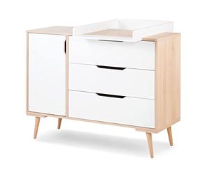 SOFIE Commode à langer scandinave 3 tiroirs, porte et étagères Blanc / Bois | Plan amovible à placer au centre ou au-dessus des rangements, structure en aggloméré et hêtre. Matelas de change non inclus.