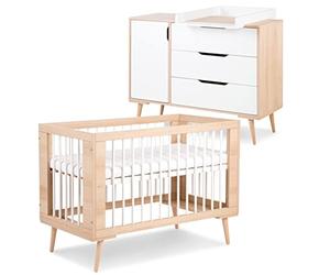 SOFIE Ensemble commode à langer et lit bébé style scandinave 120X60 Hêtre | Trois hauteurs, 3 barreaux amovibles, 3 tiroirs, porte avec étagères et plan de change amovible. Deux matelas non inclus.