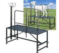 Soflightmok Support De Traite en MéTal pour Moutons Et ChèVres avec Rampe/Garde-Corps | Support pour BéTail avec TêTièRe RéGlable, Support Traite pour ChèVres, pour Couper Sabots Black+Railings
