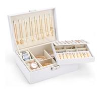 Sofore Boîte à Bijoux pour Femme, Grande Coffret à Bijoux à 2 Couches Avec 2 Coussins de Montre, Cuir Pu Organiseur de Bijoux de Voyage Pour Boucles Doreilles Bagues Colliers Montre, Blanc Perlé