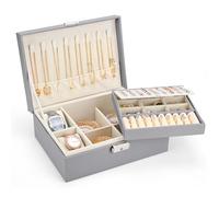 Sofore Boîte à Bijoux pour Femme, Grande Coffret à Bijoux à 2 Couches Avec 2 Coussins de Montre, Cuir Pu Organiseur de Bijoux de Voyage Pour Boucles Doreilles Bagues Colliers Montre, Gris Foncé