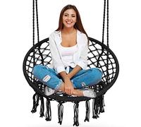 Chaise suspendue de jardin - JANSHOP - Noire - Style boho - Siège large - Dossier haut - Corde tressée