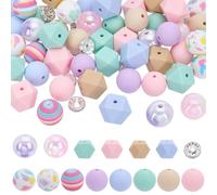 SOFPLATE 1 boîte de 15 Styles 100 pièces Perles en Silicone Imprimées de 15mm Perles en Silicone Pastel Acrylique Arc en Ciel Strass Brillants Entretoises Hexagonales pour la Fabrication de Bijoux Br