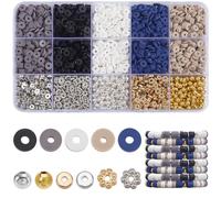 SOFPLATE 1 boîte de 2800 Kits de Fabrication de Bracelets D'Amitié Perles en Argile Noire Blanche et Grise de 6mm Perles D'Espacement Rondes Plates en Argile Heishi en Or et en Argent pour la Fabrica