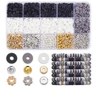 SOFPLATE 1 boîte de 2800 Perles en Argile Noire et Blanche de 6mm Kit de Fabrication de Bracelets D'Amitié Disque Heishi Plat Rond Doré et Argenté Perles D'Espacement en Forme de Fleur pour la Fabric