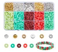 SOFPLATE 1 boîte de 2900 kits de Perles de Noël Kit de Fabrication de Bracelets en Perles D'Argile Thème des Vacances Or Rouge Vert Perles D'Espacement Rondes Plates en Argile Polymère Heishi pour Bra