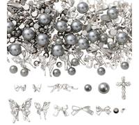 SOFPLATE 1 boîte de 36 breloques Argentées pour Ongles Décorations pour Nail Art Cabochons 3D en Alliage Nœud Papillon Croix avec Perles en Plastique de 20g et Strass à Dos Plat de 10g pour Manu Art D